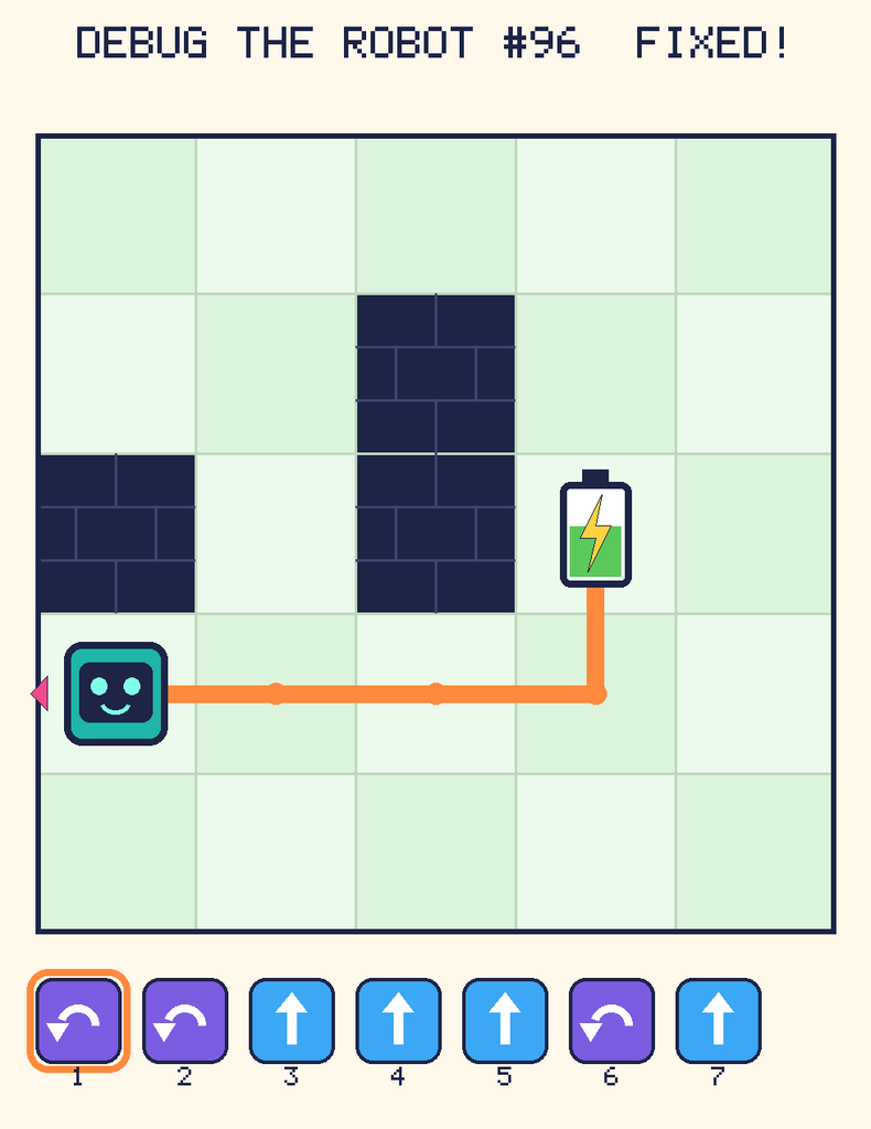 The fixed program, with Beep's route to the battery drawn as an orange line.