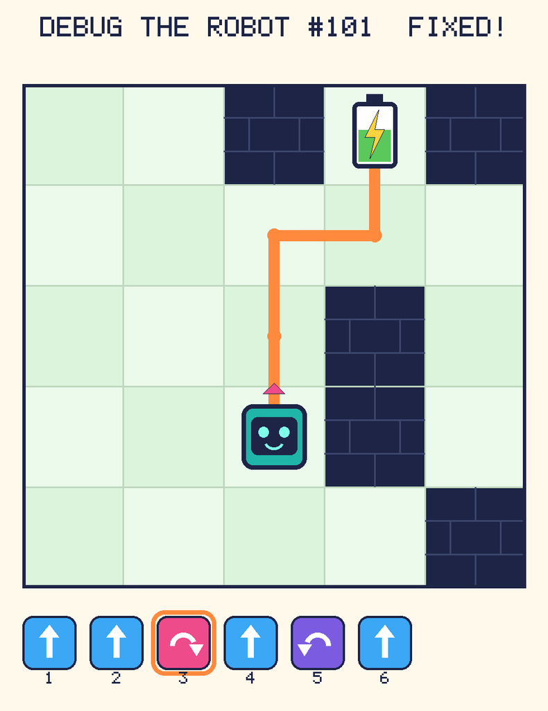 The fixed program, with Beep's route to the battery drawn as an orange line.