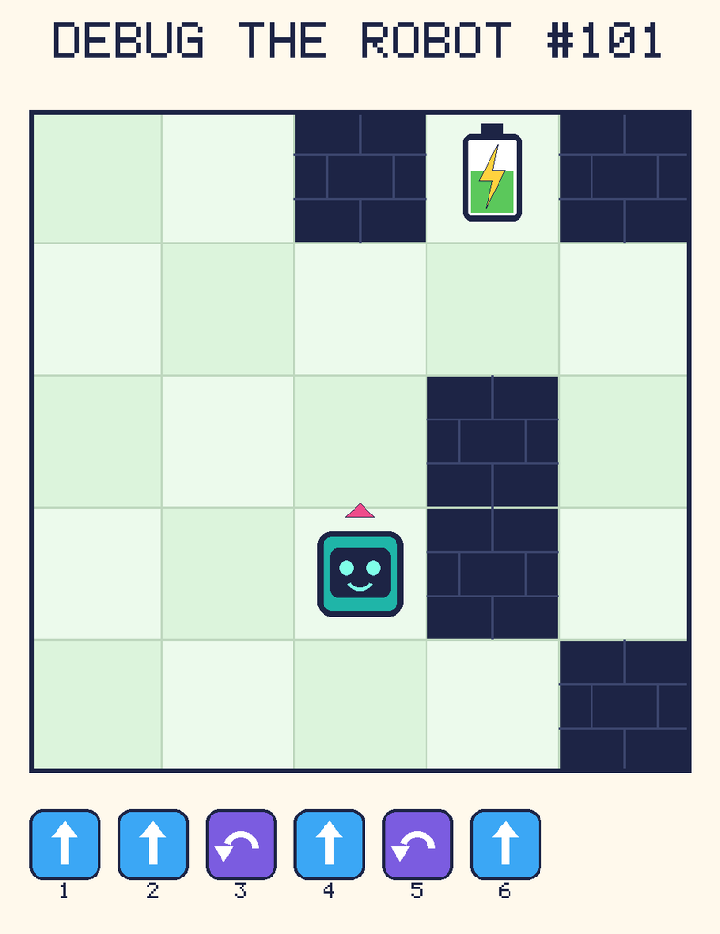 Debug the Robot 101. Beep starts at column 3, row 4, facing up. The battery is at column 4, row 1. Grid squares are counted from the top-left corner. Dark brick squares are walls.