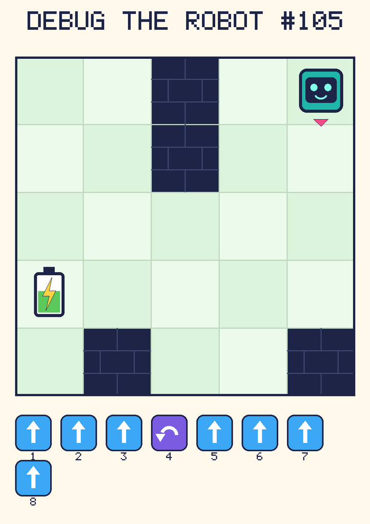 Debug the Robot 105. Beep starts at column 5, row 1, facing down. The battery is at column 1, row 4. Grid squares are counted from the top-left corner. Dark brick squares are walls.
