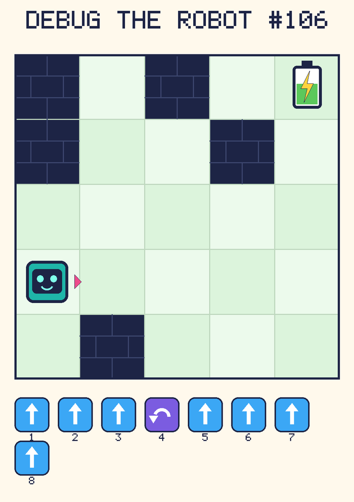 Debug the Robot 106. Beep starts at column 1, row 4, facing right. The battery is at column 5, row 1. Grid squares are counted from the top-left corner. Dark brick squares are walls.