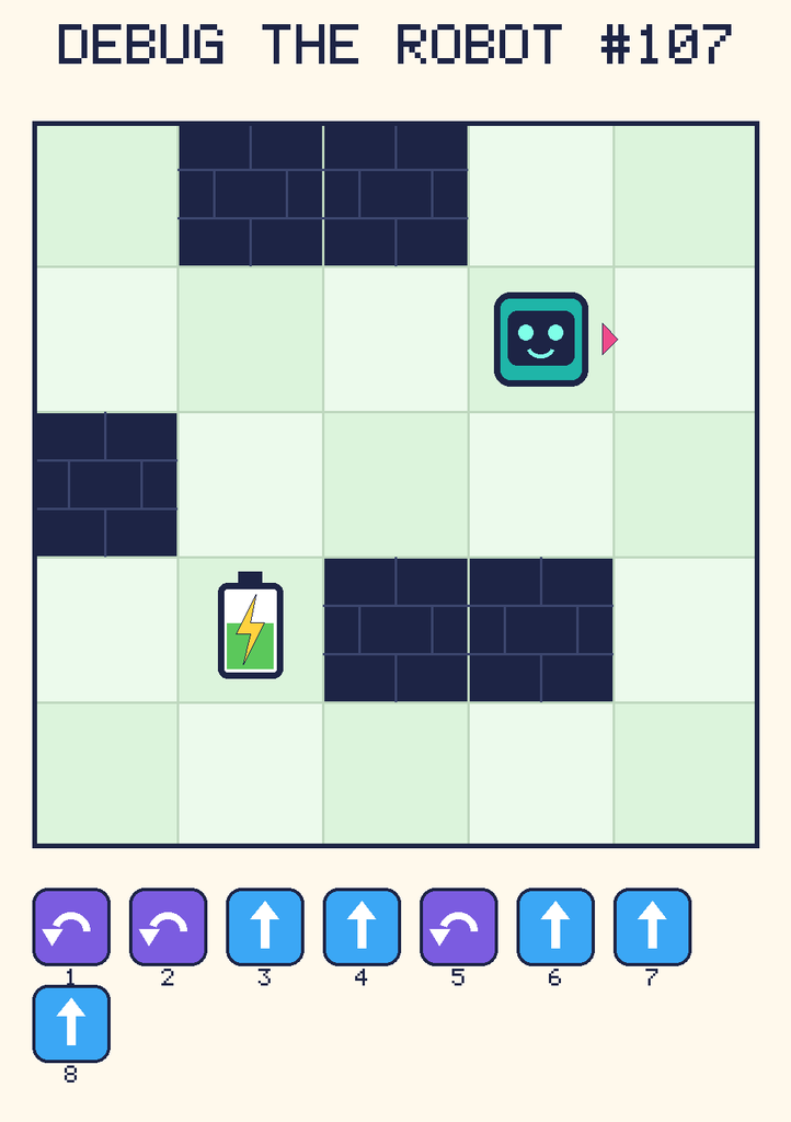 Debug the Robot 107. Beep starts at column 4, row 2, facing right. The battery is at column 2, row 4. Grid squares are counted from the top-left corner. Dark brick squares are walls.