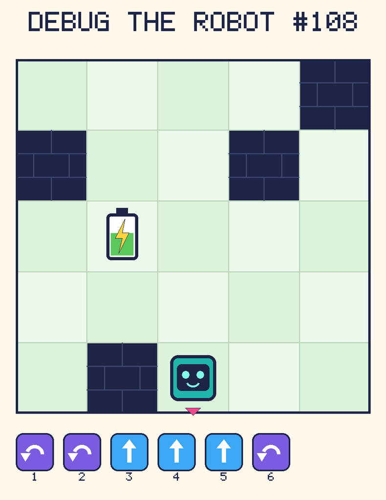 Debug the Robot 108. Beep starts at column 3, row 5, facing down. The battery is at column 2, row 3. Grid squares are counted from the top-left corner. Dark brick squares are walls.