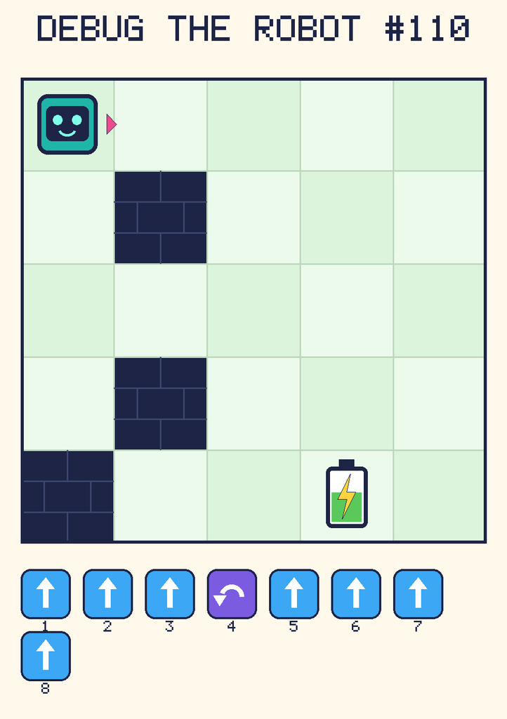 Debug the Robot 110. Beep starts at column 1, row 1, facing right. The battery is at column 4, row 5. Grid squares are counted from the top-left corner. Dark brick squares are walls.
