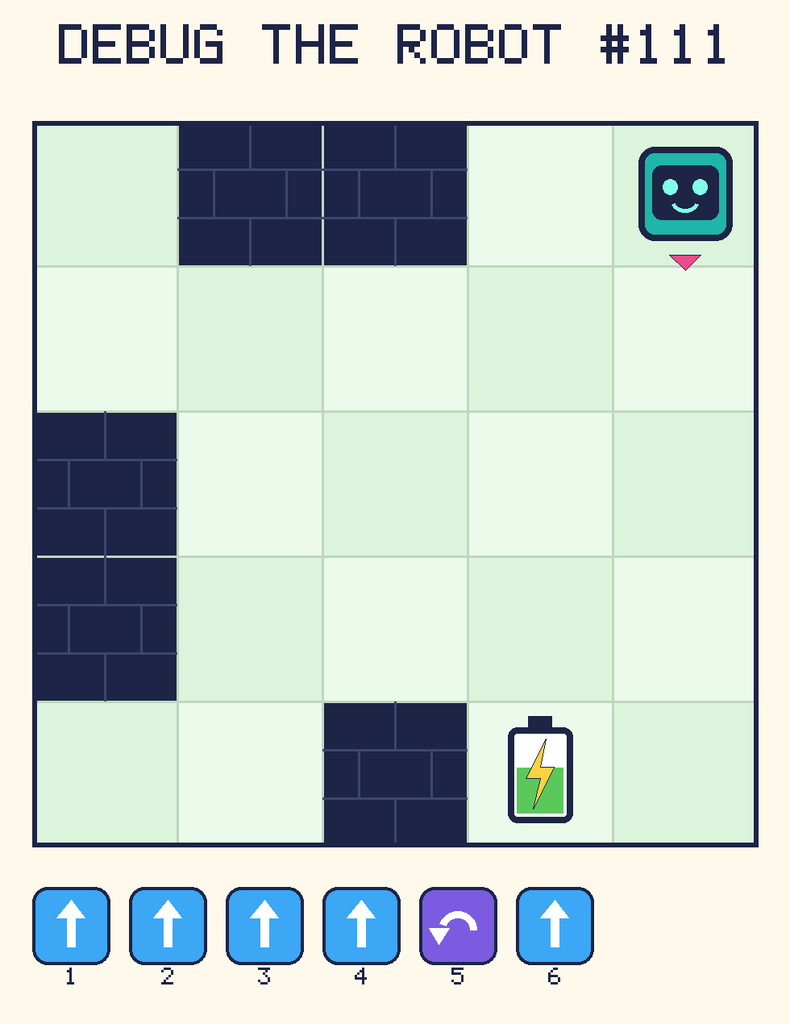 Debug the Robot 111. Beep starts at column 5, row 1, facing down. The battery is at column 4, row 5. Grid squares are counted from the top-left corner. Dark brick squares are walls.