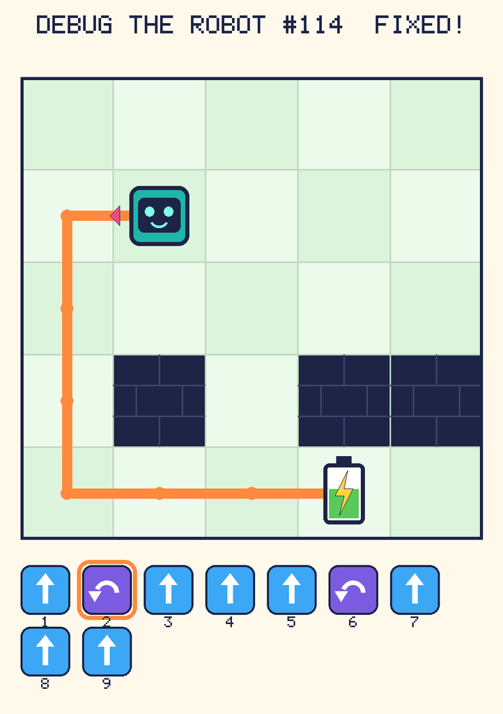 The fixed program, with Beep's route to the battery drawn as an orange line.