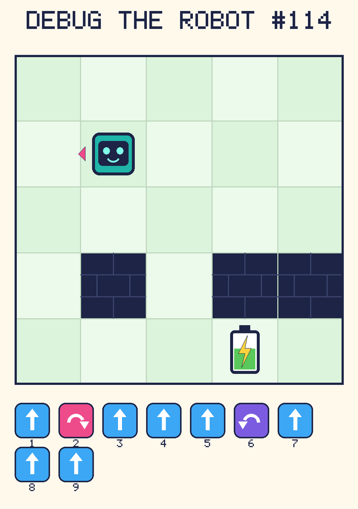 Debug the Robot 114. Beep starts at column 2, row 2, facing left. The battery is at column 4, row 5. Grid squares are counted from the top-left corner. Dark brick squares are walls.
