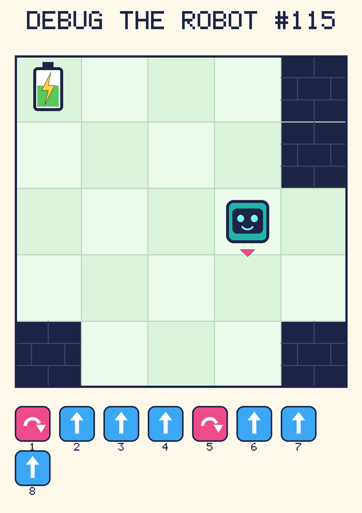 Debug the Robot 115. Beep starts at column 4, row 3, facing down. The battery is at column 1, row 1. Grid squares are counted from the top-left corner. Dark brick squares are walls.