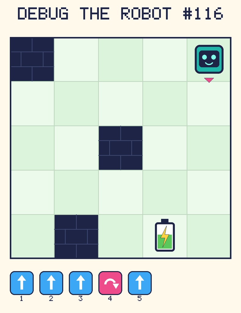 Debug the Robot 116. Beep starts at column 5, row 1, facing down. The battery is at column 4, row 5. Grid squares are counted from the top-left corner. Dark brick squares are walls.