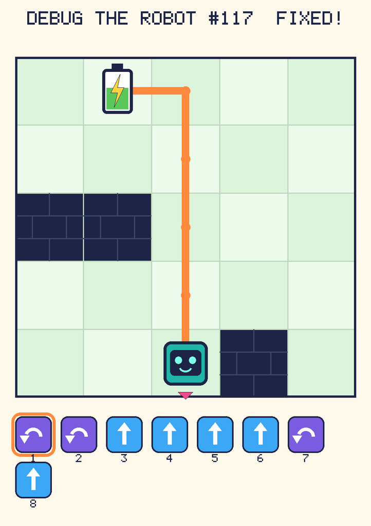 The fixed program, with Beep's route to the battery drawn as an orange line.