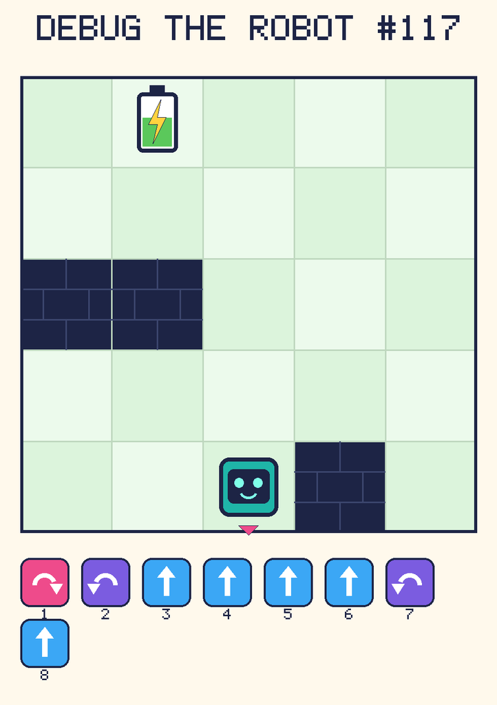 Debug the Robot 117. Beep starts at column 3, row 5, facing down. The battery is at column 2, row 1. Grid squares are counted from the top-left corner. Dark brick squares are walls.