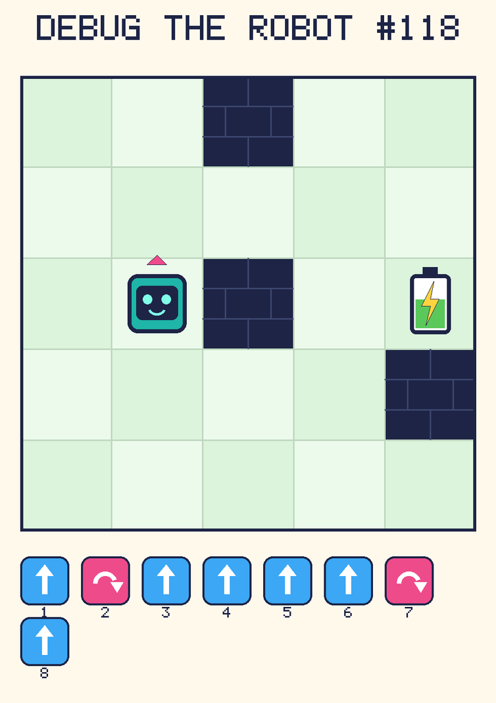 Debug the Robot 118. Beep starts at column 2, row 3, facing up. The battery is at column 5, row 3. Grid squares are counted from the top-left corner. Dark brick squares are walls.