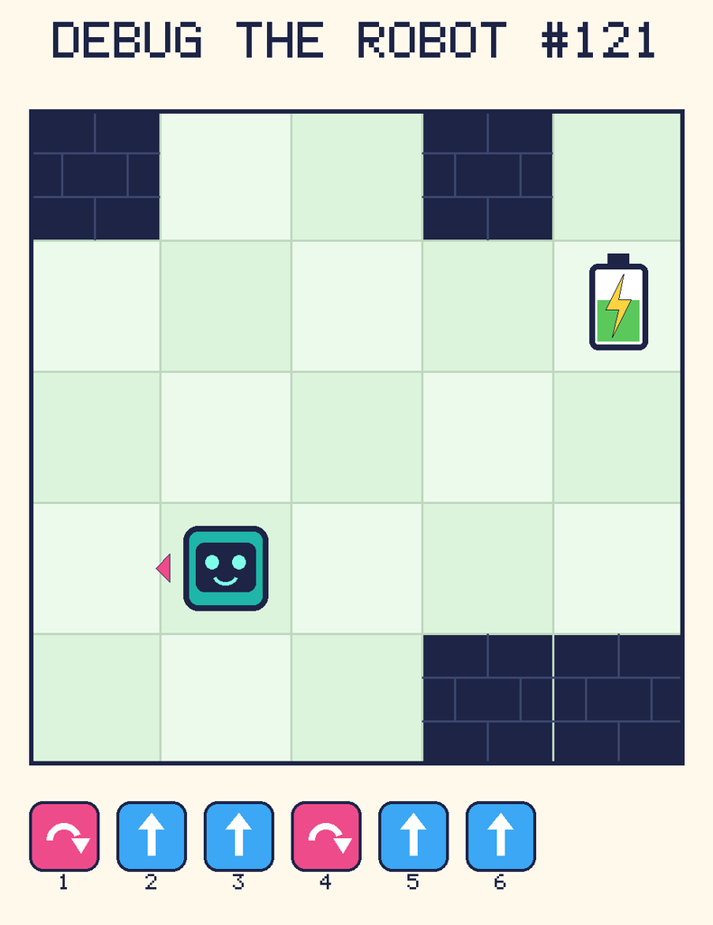 Debug the Robot 121. Beep starts at column 2, row 4, facing left. The battery is at column 5, row 2. Grid squares are counted from the top-left corner. Dark brick squares are walls.