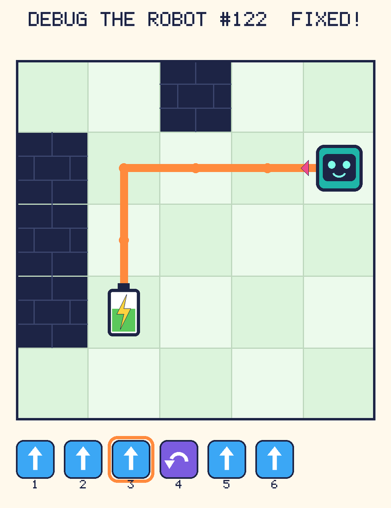 The fixed program, with Beep's route to the battery drawn as an orange line.