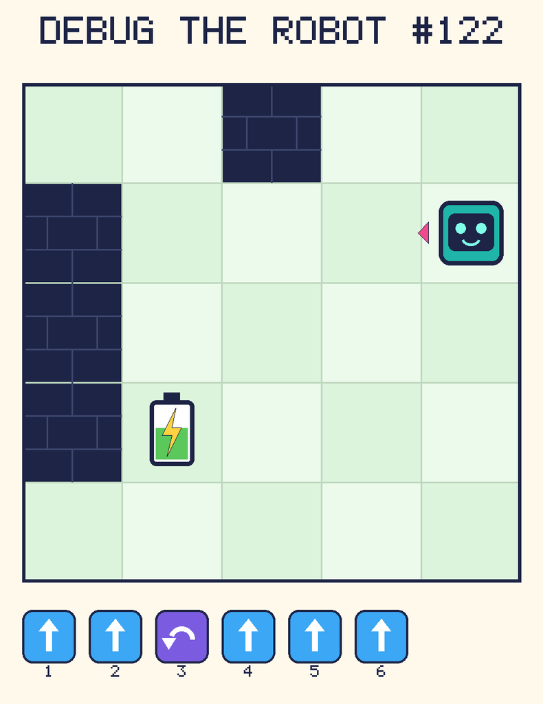 Debug the Robot 122. Beep starts at column 5, row 2, facing left. The battery is at column 2, row 4. Grid squares are counted from the top-left corner. Dark brick squares are walls.