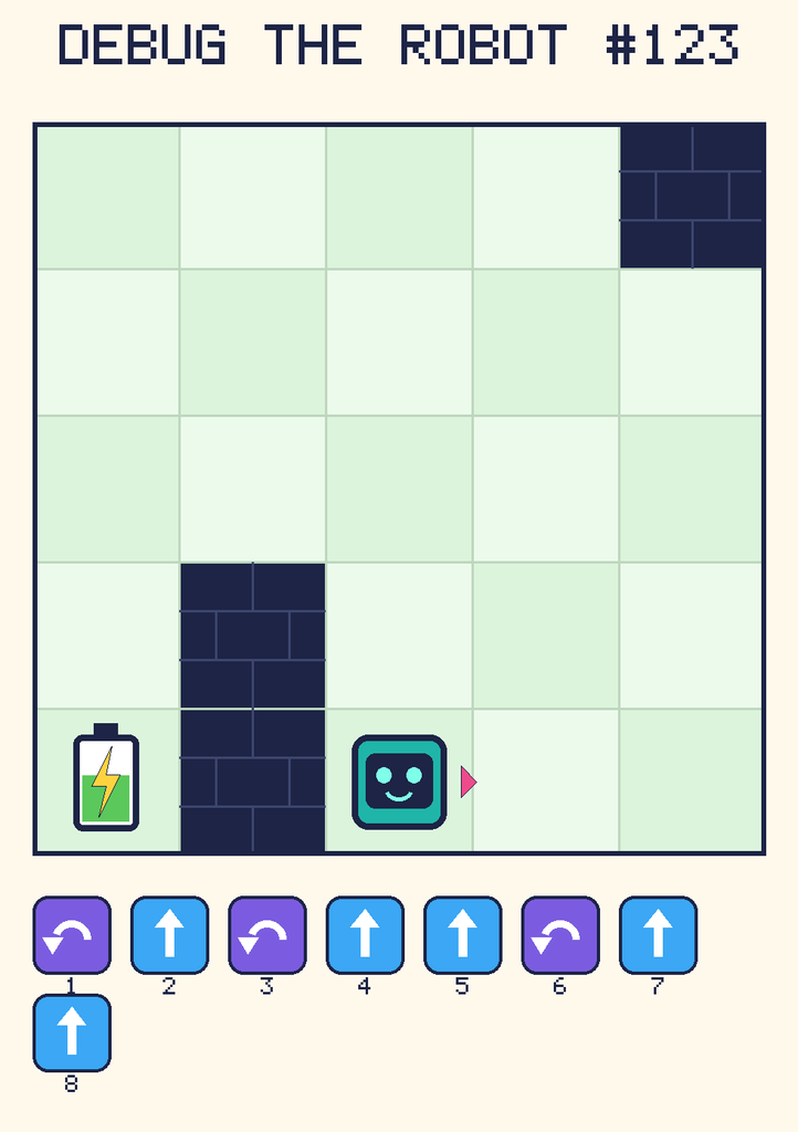 Debug the Robot 123. Beep starts at column 3, row 5, facing right. The battery is at column 1, row 5. Grid squares are counted from the top-left corner. Dark brick squares are walls.