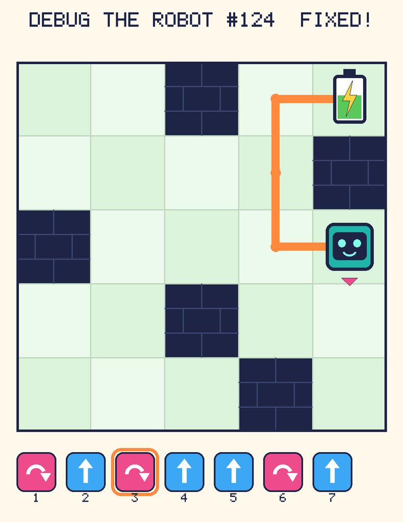 The fixed program, with Beep's route to the battery drawn as an orange line.