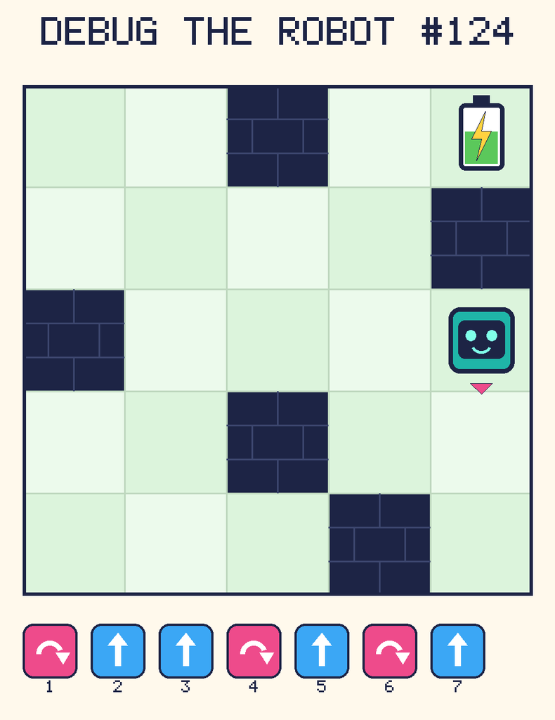 Debug the Robot 124. Beep starts at column 5, row 3, facing down. The battery is at column 5, row 1. Grid squares are counted from the top-left corner. Dark brick squares are walls.