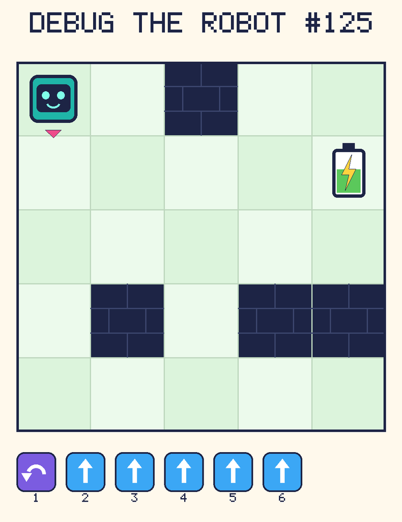 Debug the Robot 125. Beep starts at column 1, row 1, facing down. The battery is at column 5, row 2. Grid squares are counted from the top-left corner. Dark brick squares are walls.