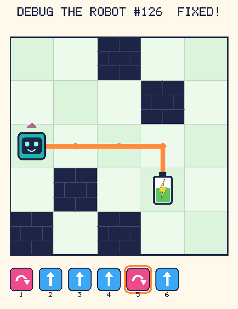 The fixed program, with Beep's route to the battery drawn as an orange line.