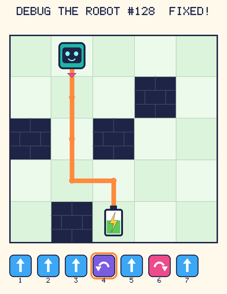 The fixed program, with Beep's route to the battery drawn as an orange line.