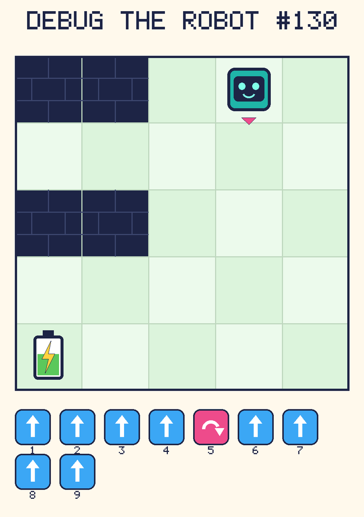 Debug the Robot 130. Beep starts at column 4, row 1, facing down. The battery is at column 1, row 5. Grid squares are counted from the top-left corner. Dark brick squares are walls.
