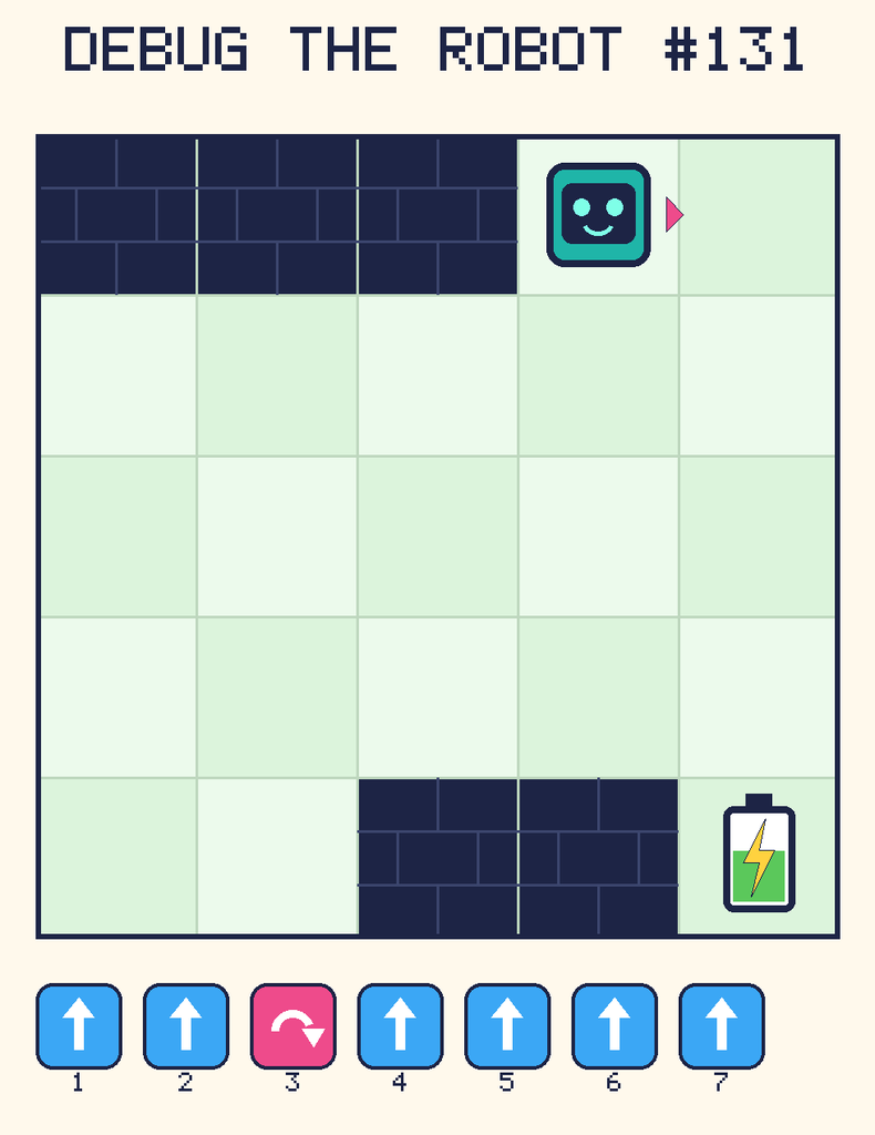 Debug the Robot 131. Beep starts at column 4, row 1, facing right. The battery is at column 5, row 5. Grid squares are counted from the top-left corner. Dark brick squares are walls.