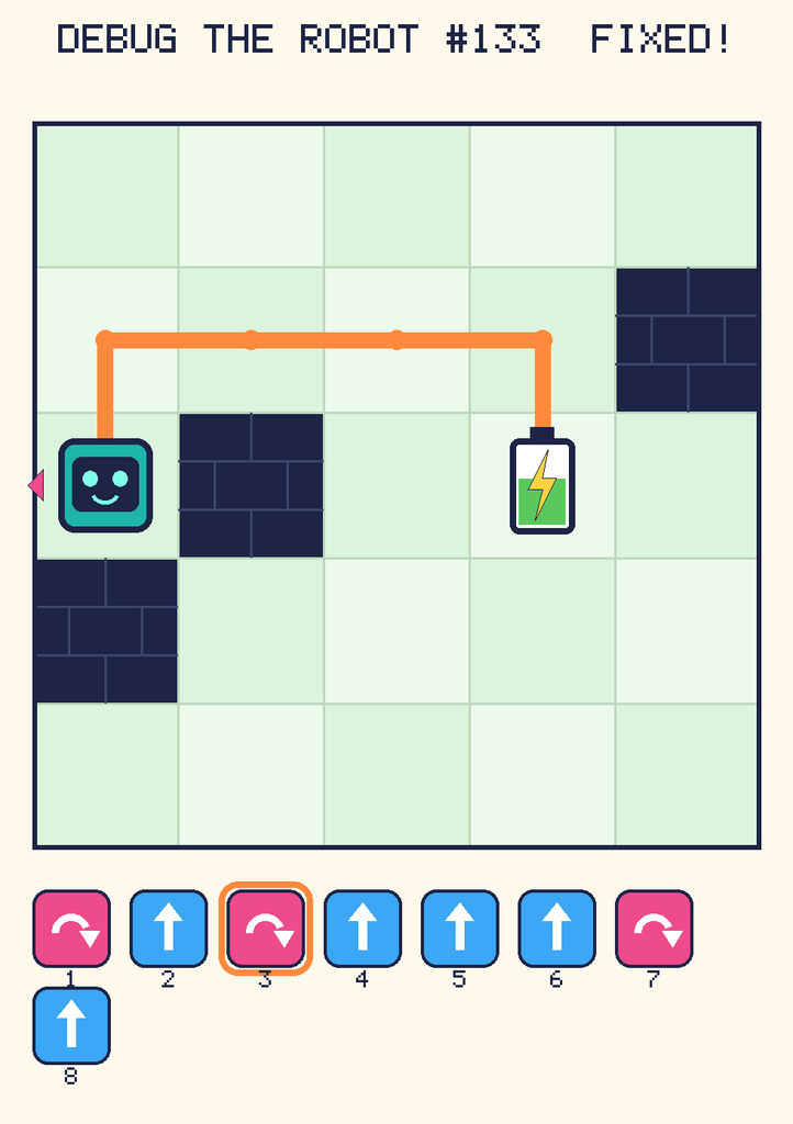 The fixed program, with Beep's route to the battery drawn as an orange line.