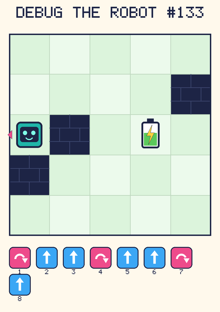 Debug the Robot 133. Beep starts at column 1, row 3, facing left. The battery is at column 4, row 3. Grid squares are counted from the top-left corner. Dark brick squares are walls.