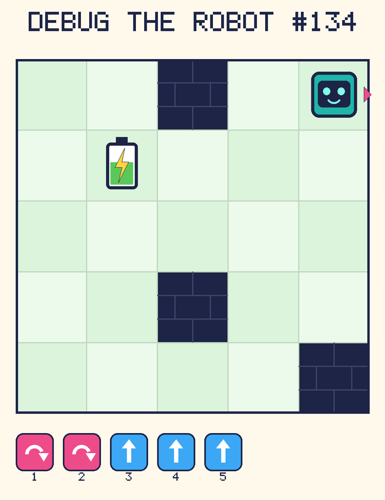 Debug the Robot 134. Beep starts at column 5, row 1, facing right. The battery is at column 2, row 2. Grid squares are counted from the top-left corner. Dark brick squares are walls.