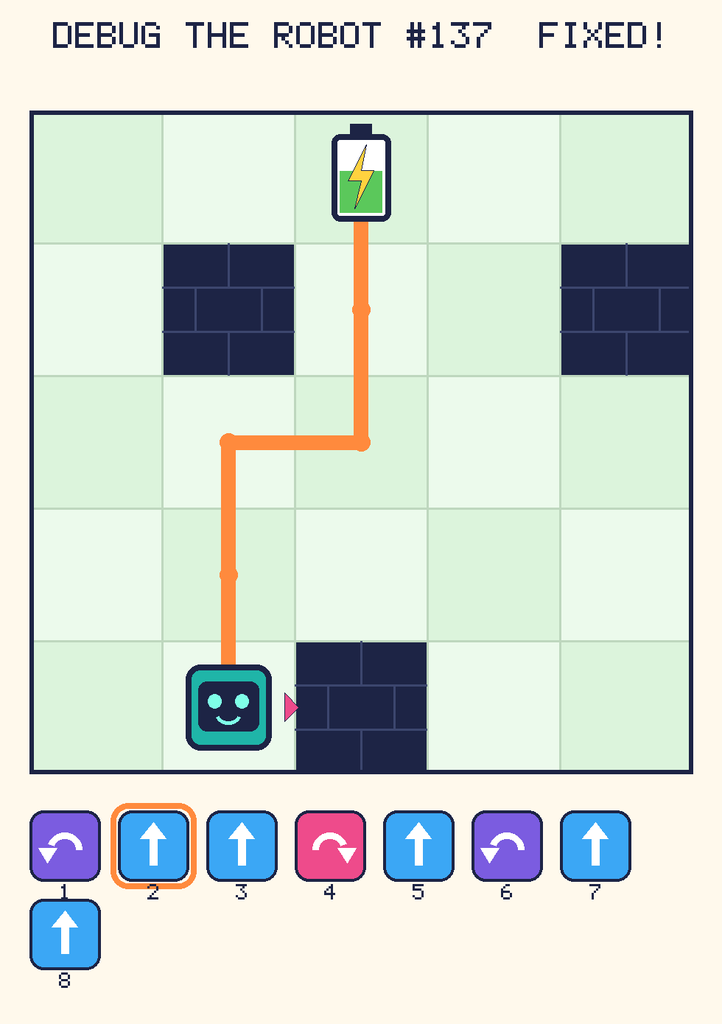 The fixed program, with Beep's route to the battery drawn as an orange line.