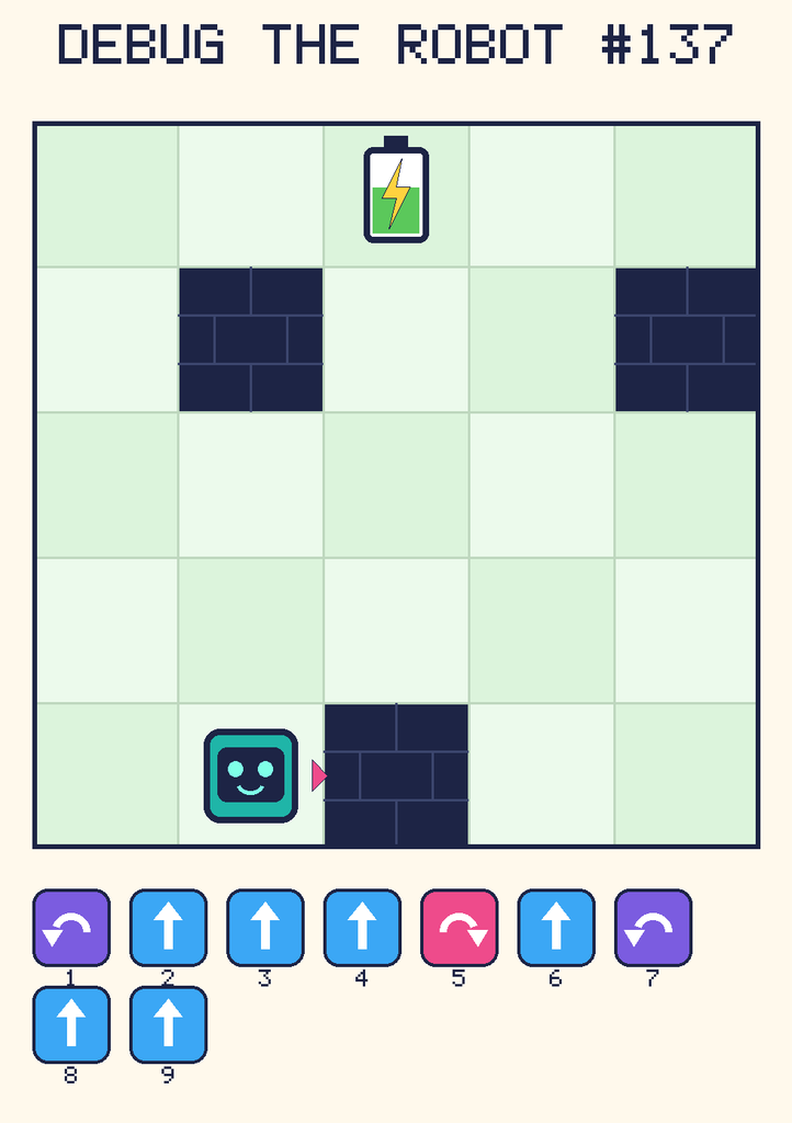 Debug the Robot 137. Beep starts at column 2, row 5, facing right. The battery is at column 3, row 1. Grid squares are counted from the top-left corner. Dark brick squares are walls.