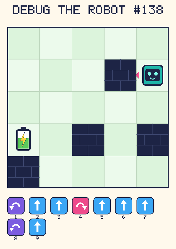 Debug the Robot 138. Beep starts at column 5, row 2, facing left. The battery is at column 1, row 4. Grid squares are counted from the top-left corner. Dark brick squares are walls.