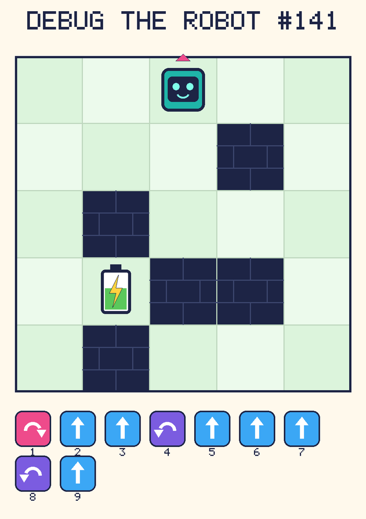 Debug the Robot 141. Beep starts at column 3, row 1, facing up. The battery is at column 2, row 4. Grid squares are counted from the top-left corner. Dark brick squares are walls.