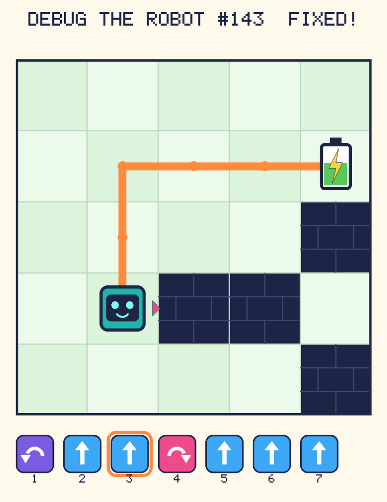 The fixed program, with Beep's route to the battery drawn as an orange line.