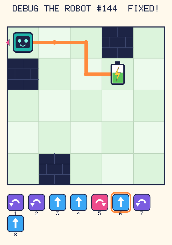 The fixed program, with Beep's route to the battery drawn as an orange line.