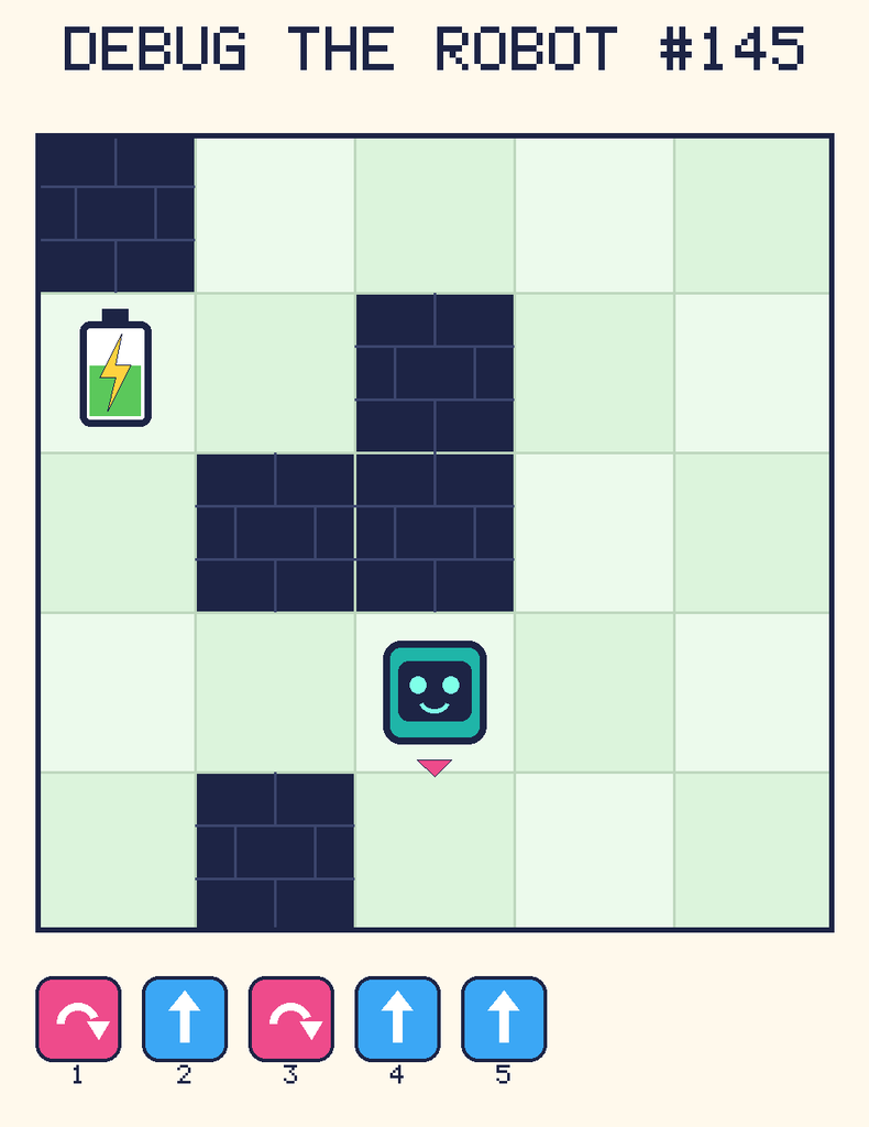 Debug the Robot 145. Beep starts at column 3, row 4, facing down. The battery is at column 1, row 2. Grid squares are counted from the top-left corner. Dark brick squares are walls.