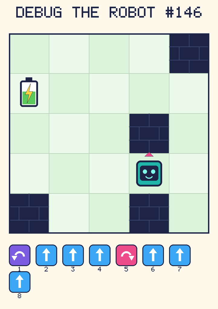 Debug the Robot 146. Beep starts at column 4, row 4, facing up. The battery is at column 1, row 2. Grid squares are counted from the top-left corner. Dark brick squares are walls.