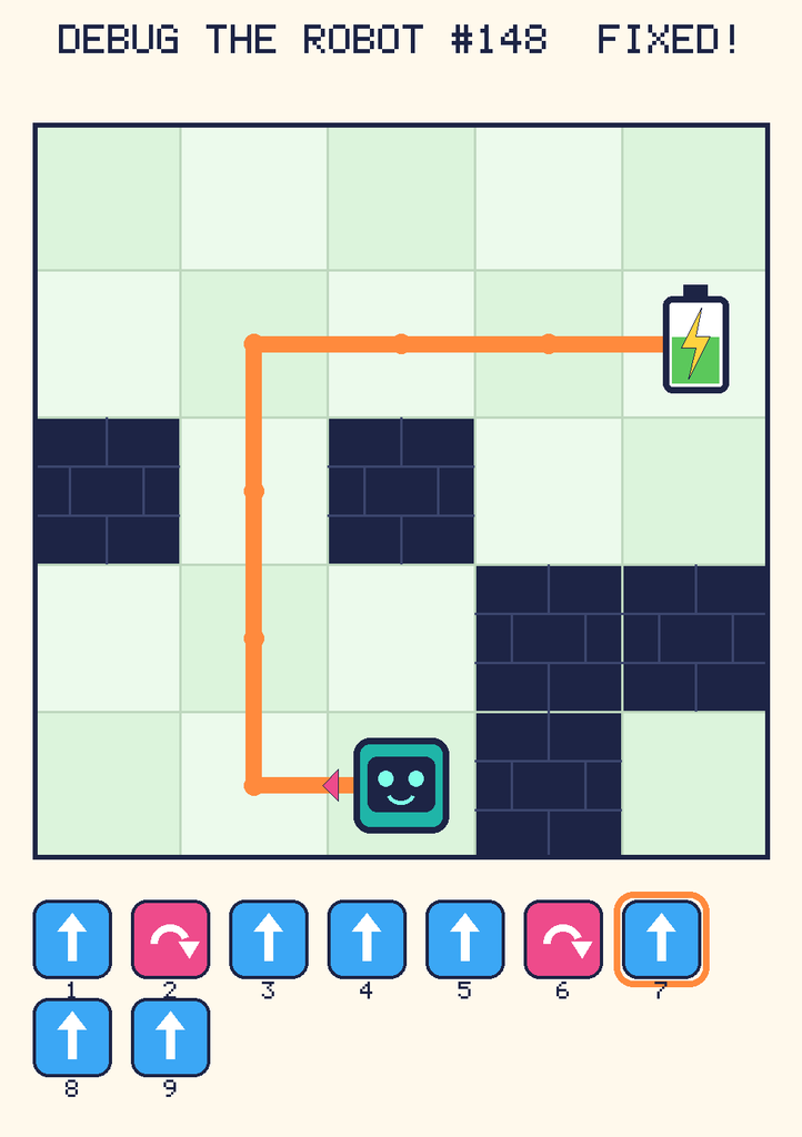 The fixed program, with Beep's route to the battery drawn as an orange line.