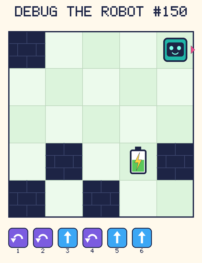 Debug the Robot 150. Beep starts at column 5, row 1, facing right. The battery is at column 4, row 4. Grid squares are counted from the top-left corner. Dark brick squares are walls.