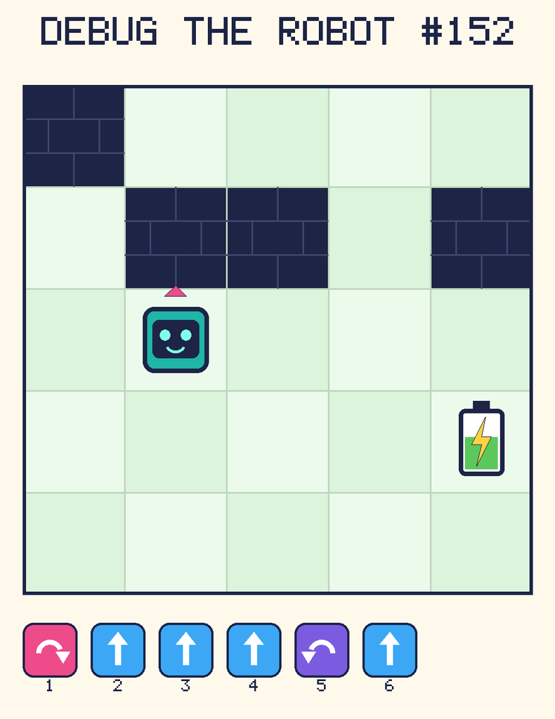 Debug the Robot 152. Beep starts at column 2, row 3, facing up. The battery is at column 5, row 4. Grid squares are counted from the top-left corner. Dark brick squares are walls.