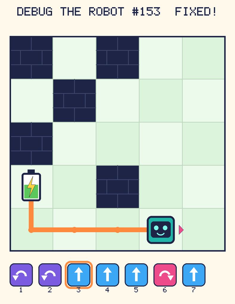 The fixed program, with Beep's route to the battery drawn as an orange line.