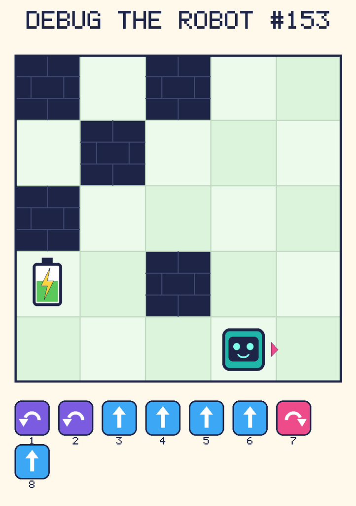 Debug the Robot 153. Beep starts at column 4, row 5, facing right. The battery is at column 1, row 4. Grid squares are counted from the top-left corner. Dark brick squares are walls.