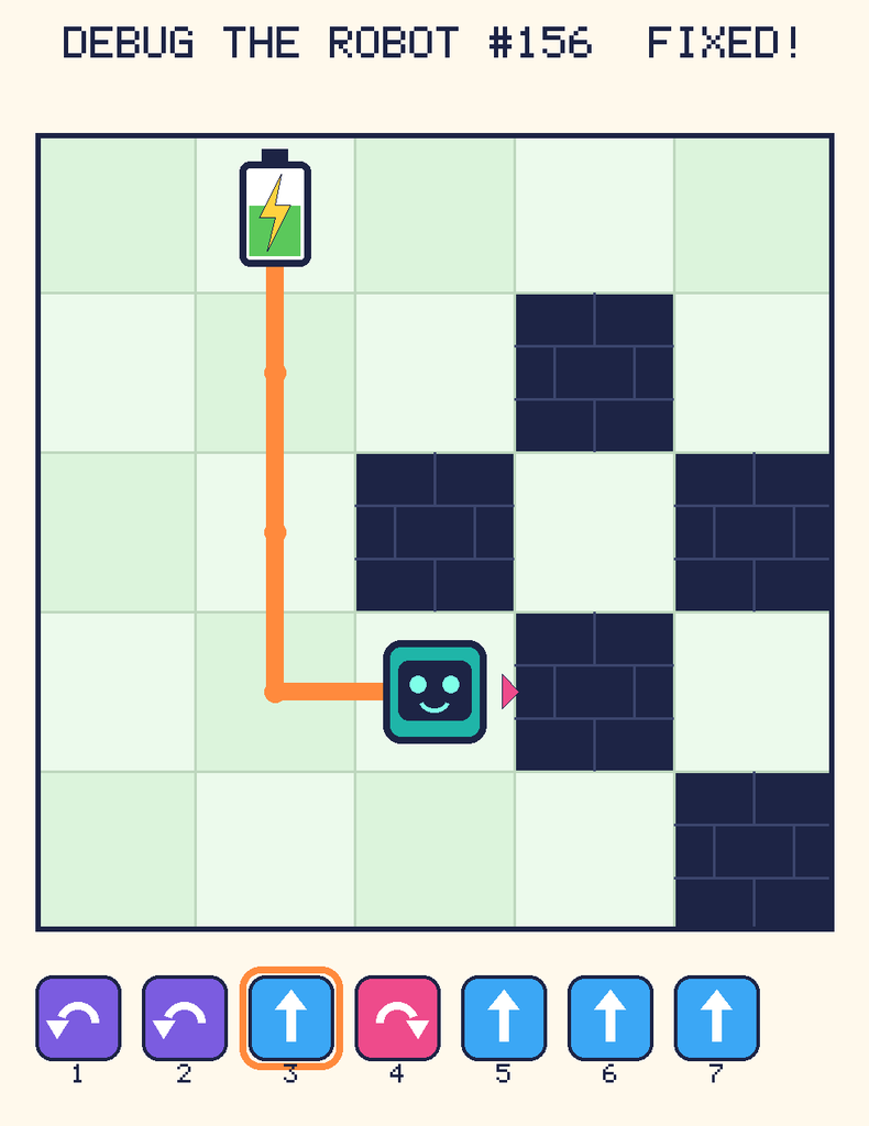 The fixed program, with Beep's route to the battery drawn as an orange line.