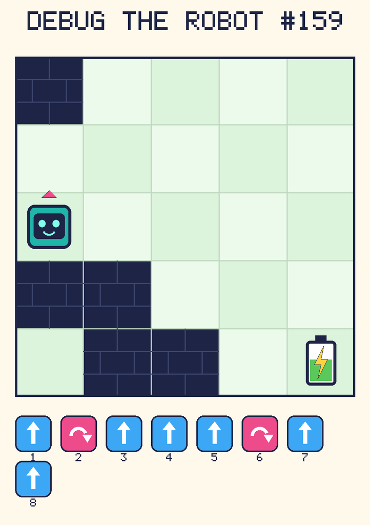 Debug the Robot 159. Beep starts at column 1, row 3, facing up. The battery is at column 5, row 5. Grid squares are counted from the top-left corner. Dark brick squares are walls.