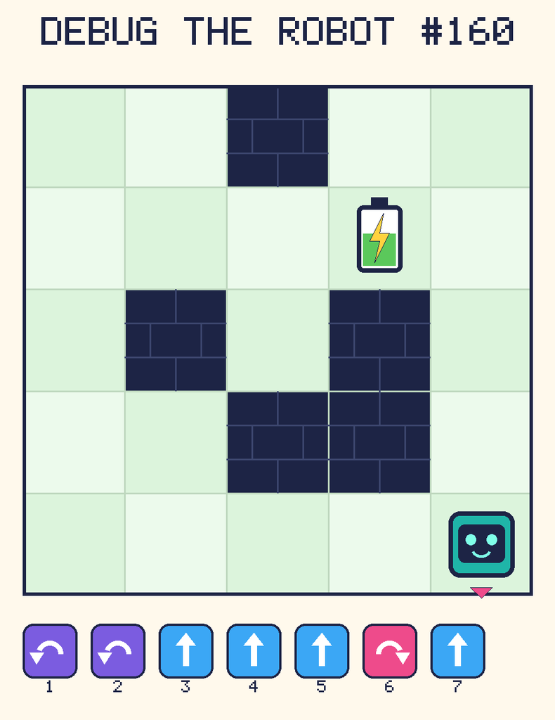 Debug the Robot 160. Beep starts at column 5, row 5, facing down. The battery is at column 4, row 2. Grid squares are counted from the top-left corner. Dark brick squares are walls.