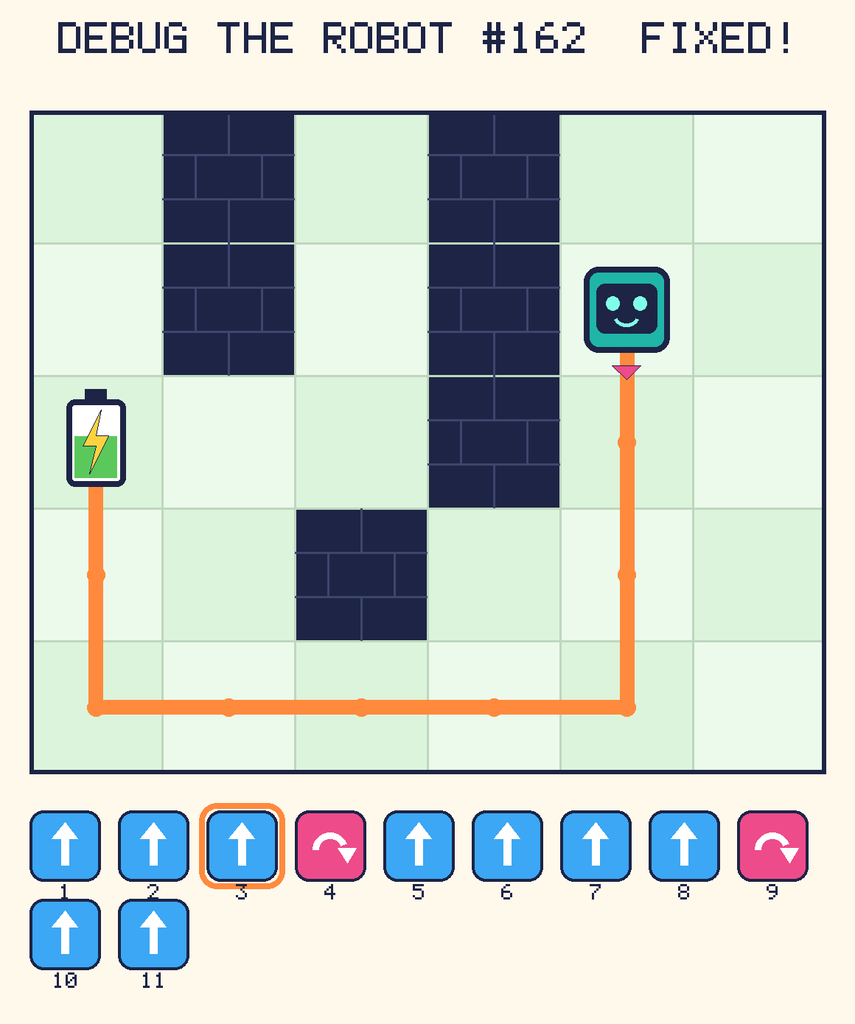 The fixed program, with Beep's route to the battery drawn as an orange line.