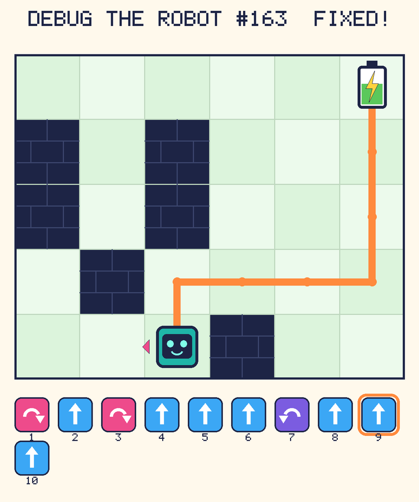 The fixed program, with Beep's route to the battery drawn as an orange line.