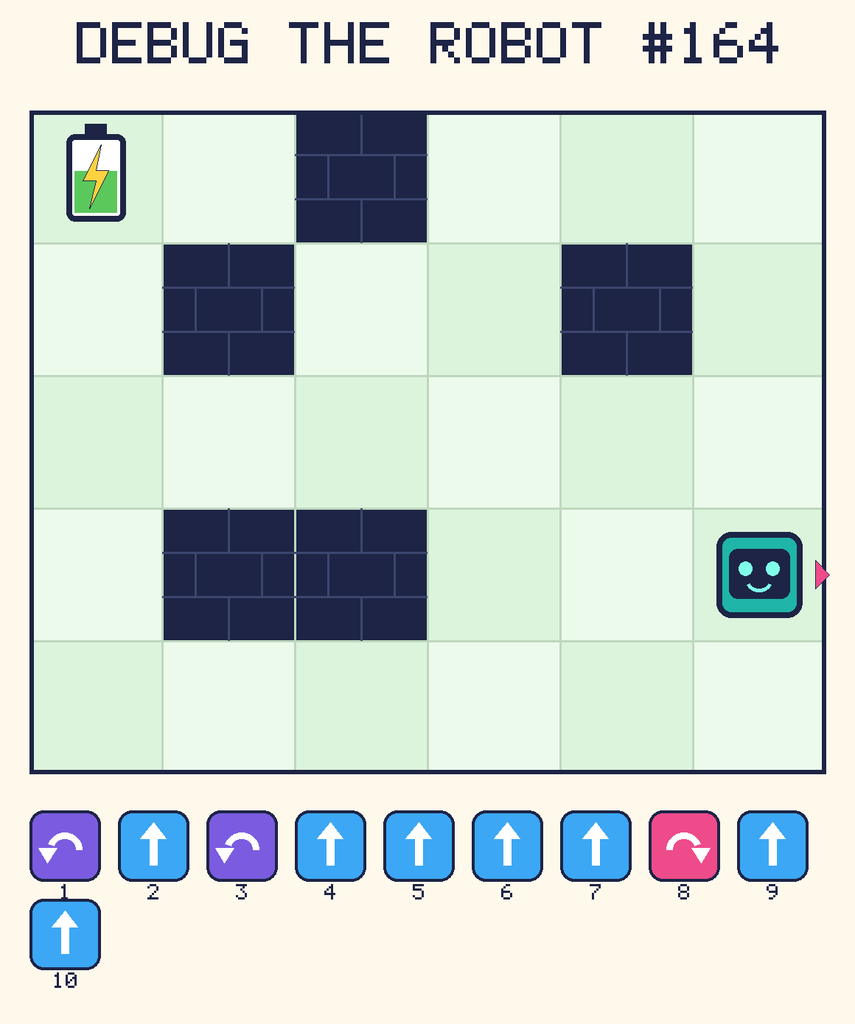 Debug the Robot 164. Beep starts at column 6, row 4, facing right. The battery is at column 1, row 1. Grid squares are counted from the top-left corner. Dark brick squares are walls.