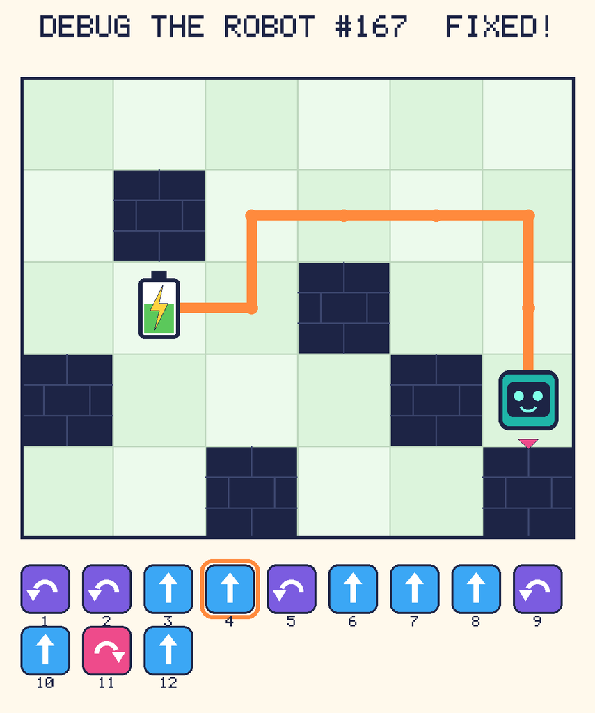 The fixed program, with Beep's route to the battery drawn as an orange line.